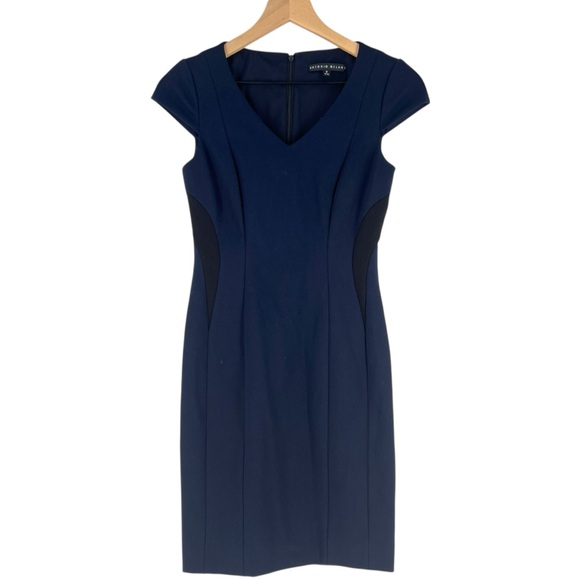 ANTONIO MELANI Dresses & Skirts - ANTONIO MELANI Navy & Black Cap Sleeve Stretch Ponte Knit Midi Sheath Dress 0‎